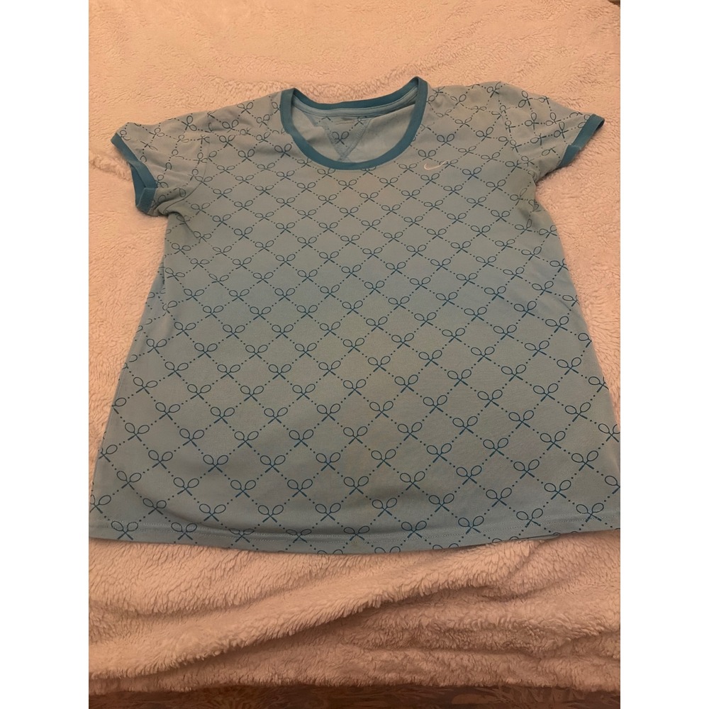 Nike Fit Dry Womens Tennis Racket Print T-Shirt Blue Short Sleeve Large